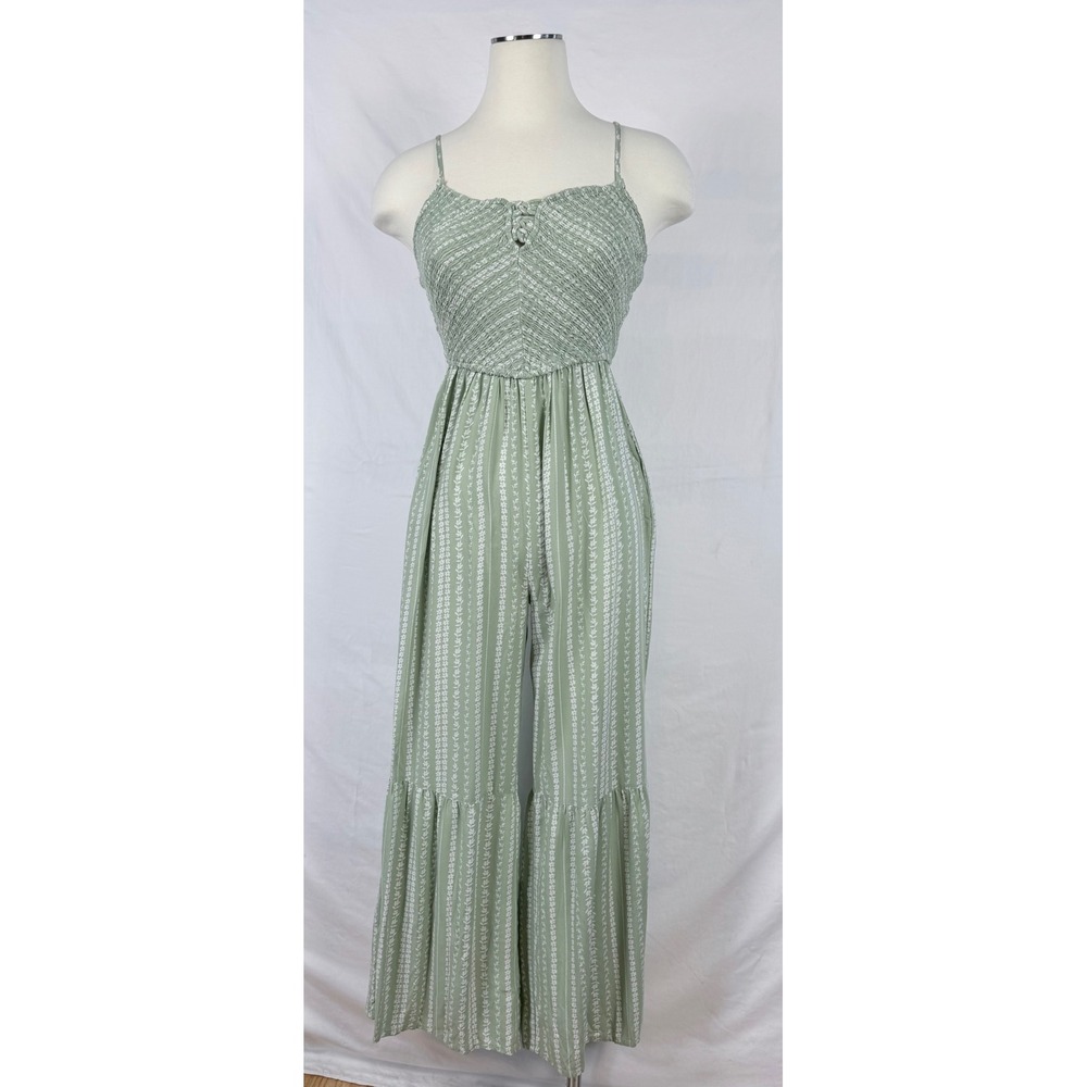 Sincerely Jules Green Floral Jumpsuit S Smocked Wideleg Boho Summer Vacation